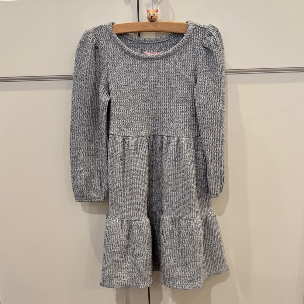 Cat & Jack Girls Gray Waffle Knit Tiered Dress 3T Long Sleeve